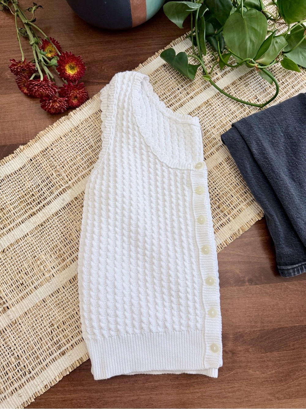 LOFT Classic Cable Knit Button-Down Sweater Vest - White